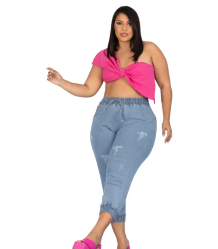 Calça Jeans Plus Size Feminina Jogger Cintura Elástico Lycra