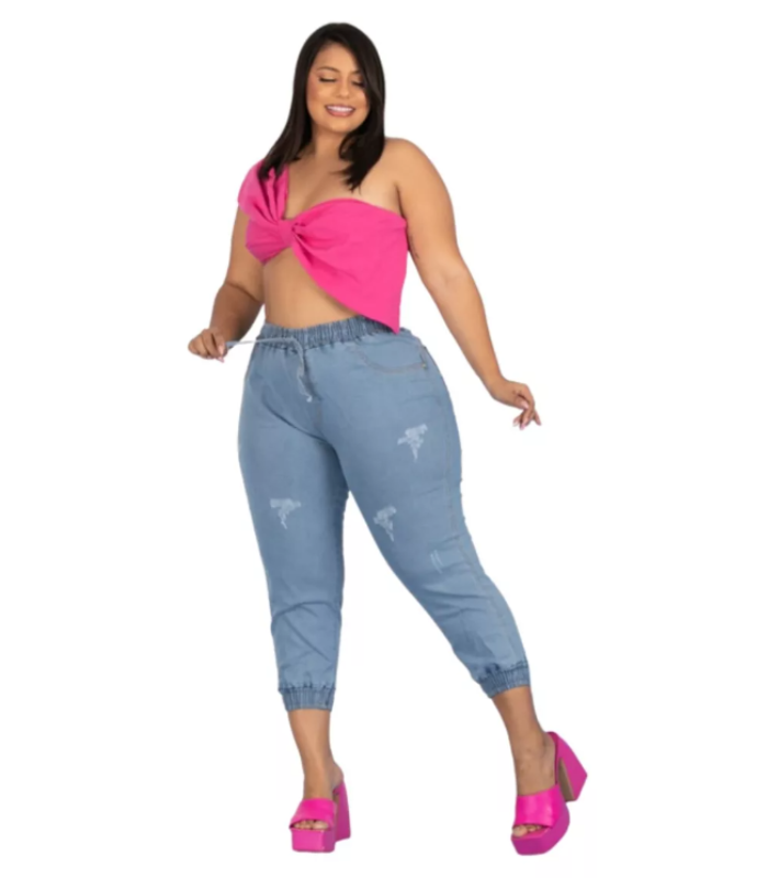 Calça Jeans Plus Size Feminina Jogger Cintura Elástico Lycra