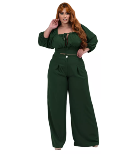 Calça Wide Leg Alfaiataria Plus Size E Blusinha Top Decote